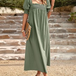 Pleated Solid Color Bishop Sleeve Loose Square-neck Midi Dresses