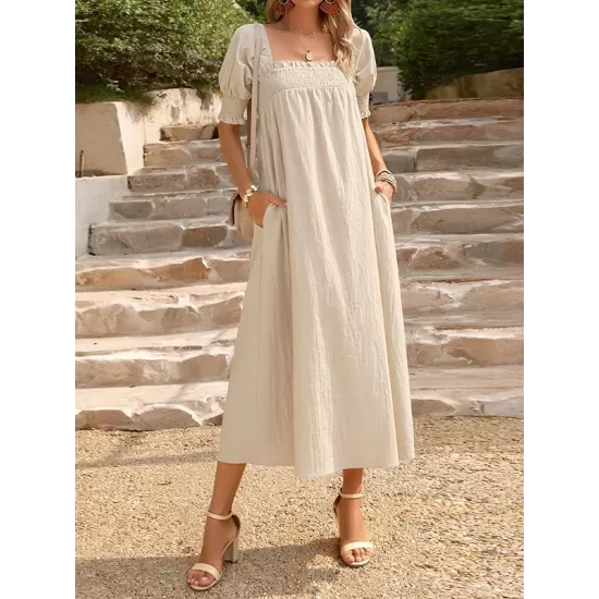 Pleated Solid Color Bishop Sleeve Loose Square-neck Midi Dresses Pleated Solid Color Bishop Sleeve Loose Square-neck Midi Dresses