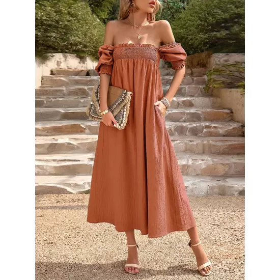 Pleated Solid Color Bishop Sleeve Loose Square-neck Midi Dresses Pleated Solid Color Bishop Sleeve Loose Square-neck Midi Dresses
