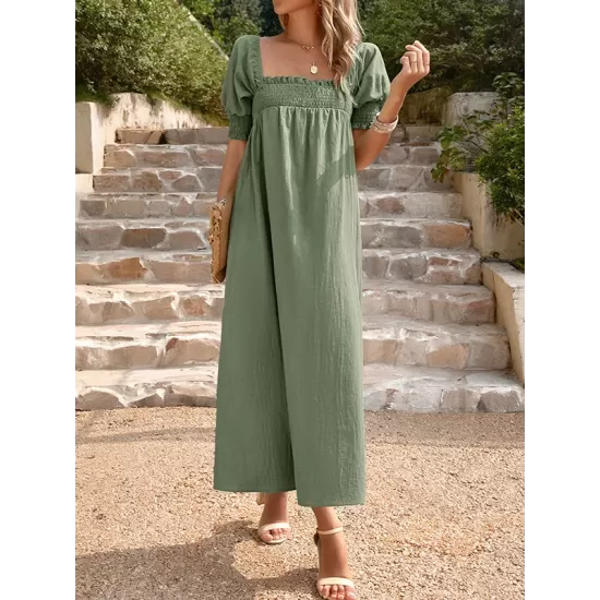 Pleated Solid Color Bishop Sleeve Loose Square-neck Midi Dresses Pleated Solid Color Bishop Sleeve Loose Square-neck Midi Dresses