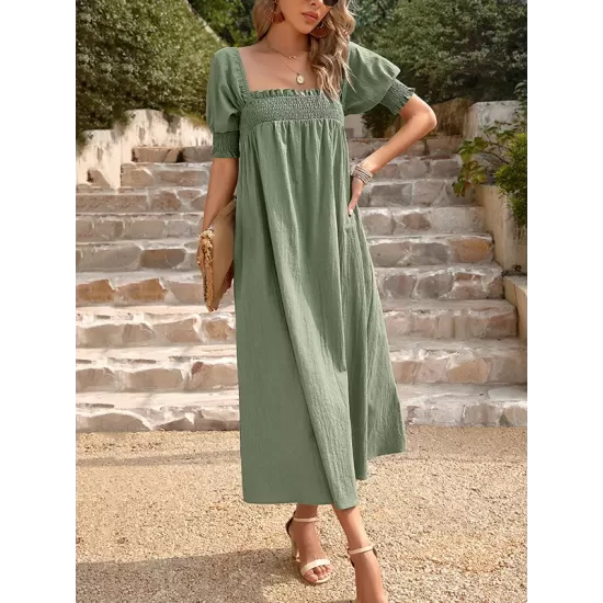 Pleated Solid Color Bishop Sleeve Loose Square-neck Midi Dresses Pleated Solid Color Bishop Sleeve Loose Square-neck Midi Dresses