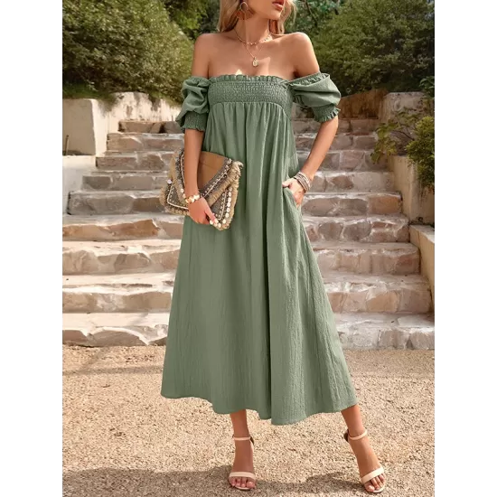 Pleated Solid Color Bishop Sleeve Loose Square-neck Midi Dresses Pleated Solid Color Bishop Sleeve Loose Square-neck Midi Dresses
