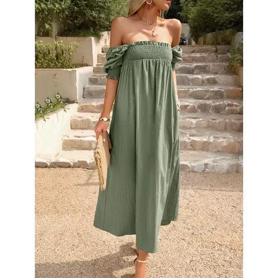 Pleated Solid Color Bishop Sleeve Loose Square-neck Midi Dresses Pleated Solid Color Bishop Sleeve Loose Square-neck Midi Dresses