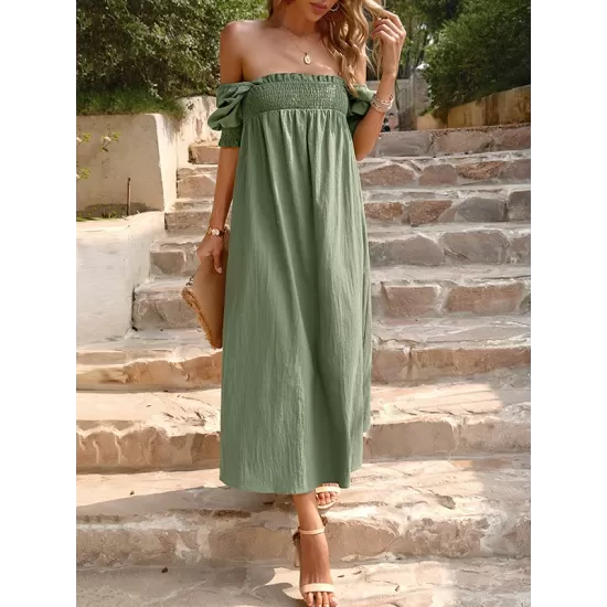 Pleated Solid Color Bishop Sleeve Loose Square-neck Midi Dresses Pleated Solid Color Bishop Sleeve Loose Square-neck Midi Dresses