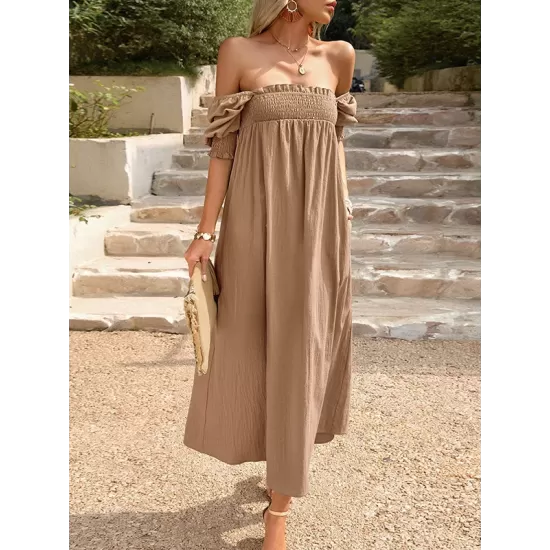 Pleated Solid Color Bishop Sleeve Loose Square-neck Midi Dresses Pleated Solid Color Bishop Sleeve Loose Square-neck Midi Dresses