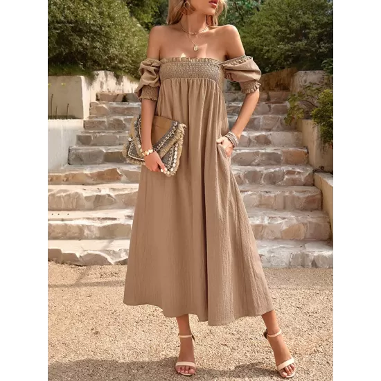 Pleated Solid Color Bishop Sleeve Loose Square-neck Midi Dresses Pleated Solid Color Bishop Sleeve Loose Square-neck Midi Dresses