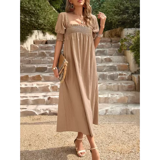 Pleated Solid Color Bishop Sleeve Loose Square-neck Midi Dresses Pleated Solid Color Bishop Sleeve Loose Square-neck Midi Dresses