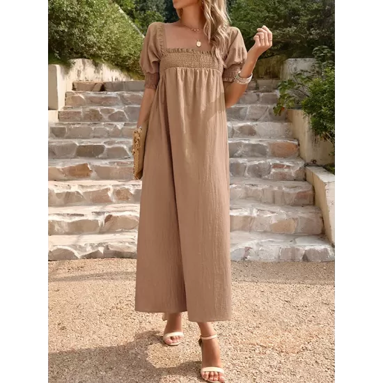 Pleated Solid Color Bishop Sleeve Loose Square-neck Midi Dresses Pleated Solid Color Bishop Sleeve Loose Square-neck Midi Dresses