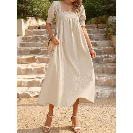 Pleated Solid Color Bishop Sleeve Loose Square-neck Midi Dresses Pleated Solid Color Bishop Sleeve Loose Square-neck Midi Dresses