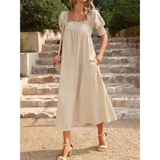 Pleated Solid Color Bishop Sleeve Loose Square-neck Midi Dresses Pleated Solid Color Bishop Sleeve Loose Square-neck Midi Dresses