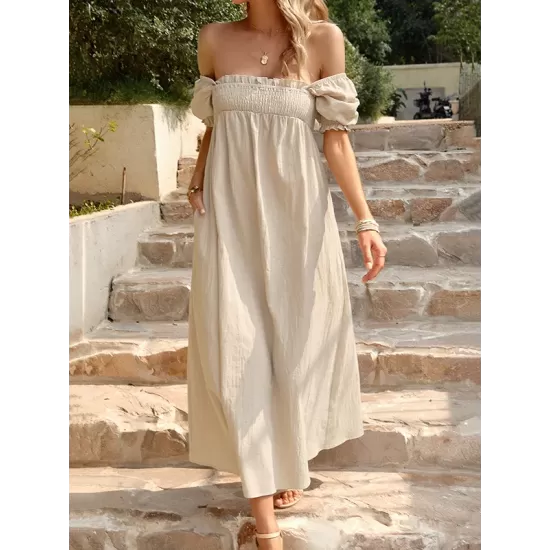 Pleated Solid Color Bishop Sleeve Loose Square-neck Midi Dresses Pleated Solid Color Bishop Sleeve Loose Square-neck Midi Dresses