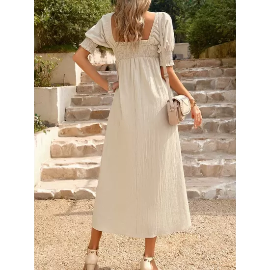 Pleated Solid Color Bishop Sleeve Loose Square-neck Midi Dresses Pleated Solid Color Bishop Sleeve Loose Square-neck Midi Dresses