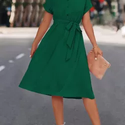 Buttoned Solid Color Tied Waist A-Line High Waisted Lapel Collar Shirt Dress Midi Dresses