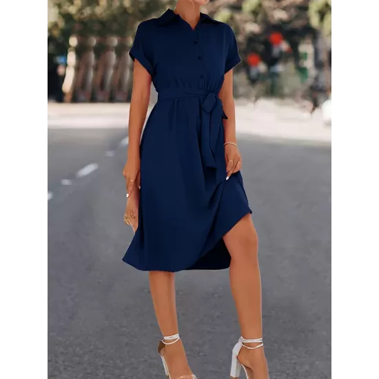 Buttoned Solid Color Tied Waist A-Line High Waisted Lapel Collar Shirt Dress Midi Dresses Buttoned Solid Color Tied Waist A-Line High Waisted Lapel Collar Shirt Dress Midi Dresses