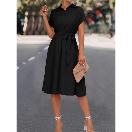 Buttoned Solid Color Tied Waist A-Line High Waisted Lapel Collar Shirt Dress Midi Dresses Buttoned Solid Color Tied Waist A-Line High Waisted Lapel Collar Shirt Dress Midi Dresses