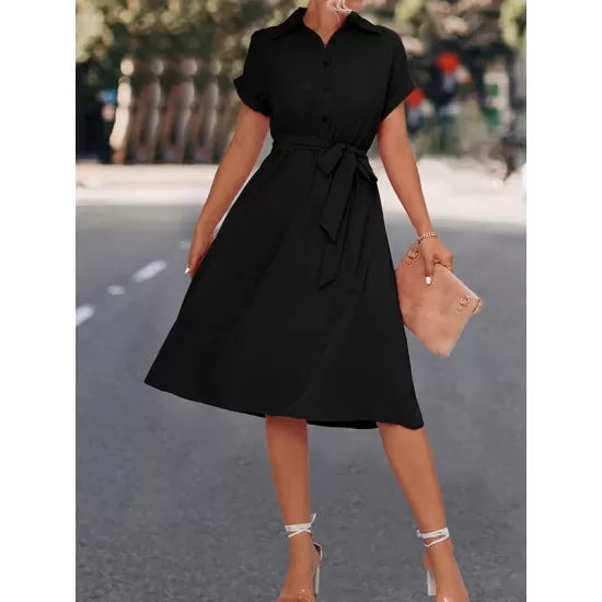 Buttoned Solid Color Tied Waist A-Line High Waisted Lapel Collar Shirt Dress Midi Dresses Buttoned Solid Color Tied Waist A-Line High Waisted Lapel Collar Shirt Dress Midi Dresses