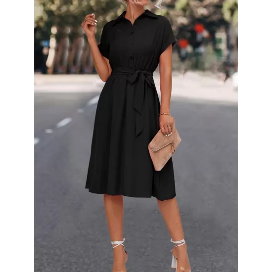 Buttoned Solid Color Tied Waist A-Line High Waisted Lapel Collar Shirt Dress Midi Dresses Buttoned Solid Color Tied Waist A-Line High Waisted Lapel Collar Shirt Dress Midi Dresses