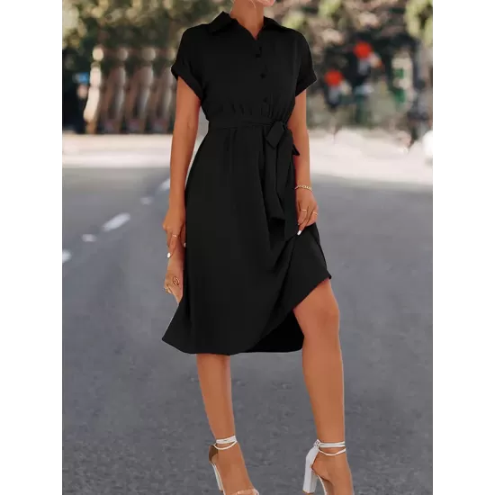 Buttoned Solid Color Tied Waist A-Line High Waisted Lapel Collar Shirt Dress Midi Dresses Buttoned Solid Color Tied Waist A-Line High Waisted Lapel Collar Shirt Dress Midi Dresses