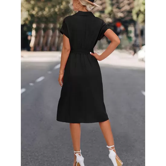 Buttoned Solid Color Tied Waist A-Line High Waisted Lapel Collar Shirt Dress Midi Dresses Buttoned Solid Color Tied Waist A-Line High Waisted Lapel Collar Shirt Dress Midi Dresses
