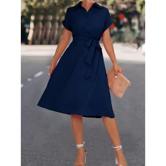Buttoned Solid Color Tied Waist A-Line High Waisted Lapel Collar Shirt Dress Midi Dresses Buttoned Solid Color Tied Waist A-Line High Waisted Lapel Collar Shirt Dress Midi Dresses