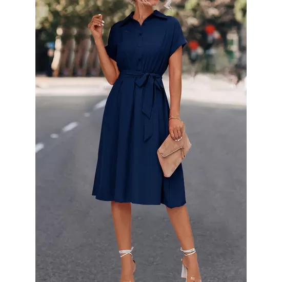 Buttoned Solid Color Tied Waist A-Line High Waisted Lapel Collar Shirt Dress Midi Dresses Buttoned Solid Color Tied Waist A-Line High Waisted Lapel Collar Shirt Dress Midi Dresses
