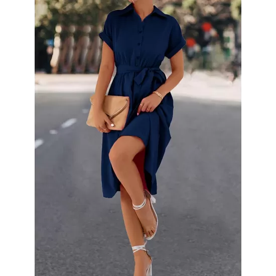 Buttoned Solid Color Tied Waist A-Line High Waisted Lapel Collar Shirt Dress Midi Dresses Buttoned Solid Color Tied Waist A-Line High Waisted Lapel Collar Shirt Dress Midi Dresses