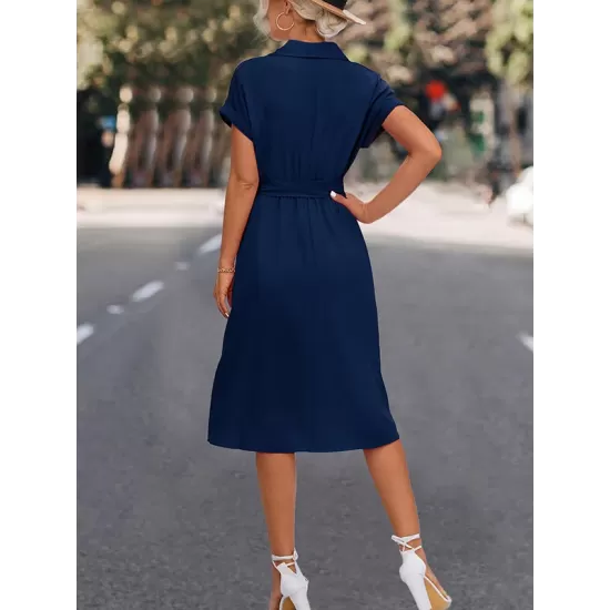 Buttoned Solid Color Tied Waist A-Line High Waisted Lapel Collar Shirt Dress Midi Dresses Buttoned Solid Color Tied Waist A-Line High Waisted Lapel Collar Shirt Dress Midi Dresses