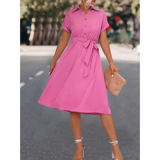 Buttoned Solid Color Tied Waist A-Line High Waisted Lapel Collar Shirt Dress Midi Dresses Buttoned Solid Color Tied Waist A-Line High Waisted Lapel Collar Shirt Dress Midi Dresses
