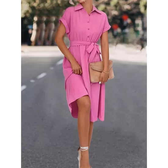 Buttoned Solid Color Tied Waist A-Line High Waisted Lapel Collar Shirt Dress Midi Dresses Buttoned Solid Color Tied Waist A-Line High Waisted Lapel Collar Shirt Dress Midi Dresses