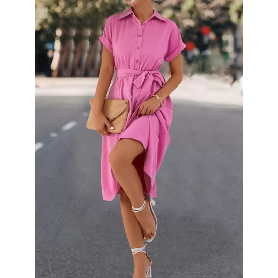 Buttoned Solid Color Tied Waist A-Line High Waisted Lapel Collar Shirt Dress Midi Dresses Buttoned Solid Color Tied Waist A-Line High Waisted Lapel Collar Shirt Dress Midi Dresses