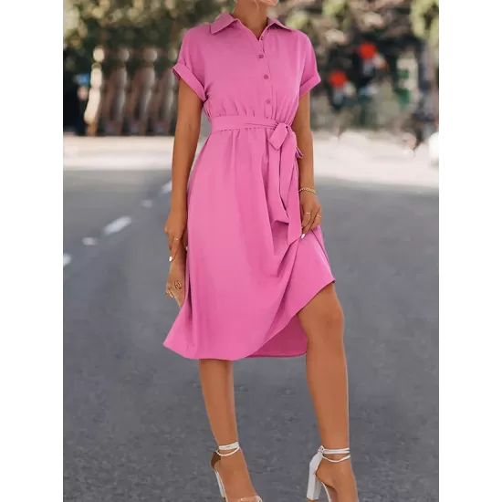 Buttoned Solid Color Tied Waist A-Line High Waisted Lapel Collar Shirt Dress Midi Dresses Buttoned Solid Color Tied Waist A-Line High Waisted Lapel Collar Shirt Dress Midi Dresses