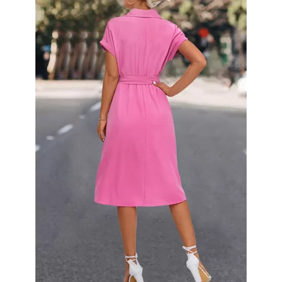Buttoned Solid Color Tied Waist A-Line High Waisted Lapel Collar Shirt Dress Midi Dresses Buttoned Solid Color Tied Waist A-Line High Waisted Lapel Collar Shirt Dress Midi Dresses