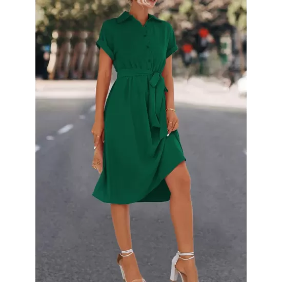 Buttoned Solid Color Tied Waist A-Line High Waisted Lapel Collar Shirt Dress Midi Dresses Buttoned Solid Color Tied Waist A-Line High Waisted Lapel Collar Shirt Dress Midi Dresses