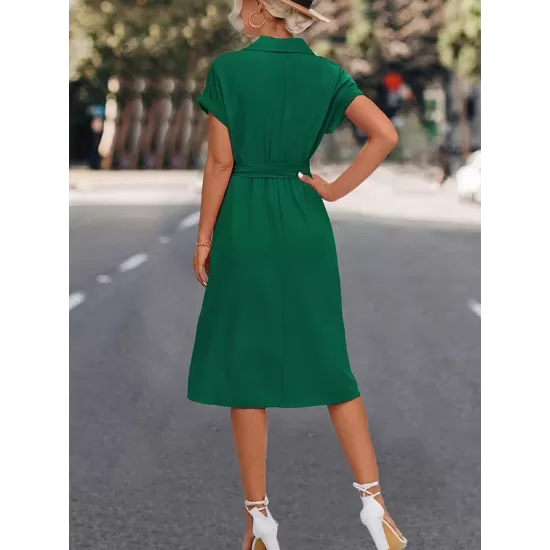 Buttoned Solid Color Tied Waist A-Line High Waisted Lapel Collar Shirt Dress Midi Dresses Buttoned Solid Color Tied Waist A-Line High Waisted Lapel Collar Shirt Dress Midi Dresses