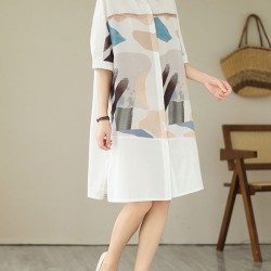 Printed Split-Joint Split-Side Loose Short Sleeves Lapel Midi Dresses