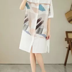Printed Split-Joint Split-Side Loose Short Sleeves Lapel Midi Dresses