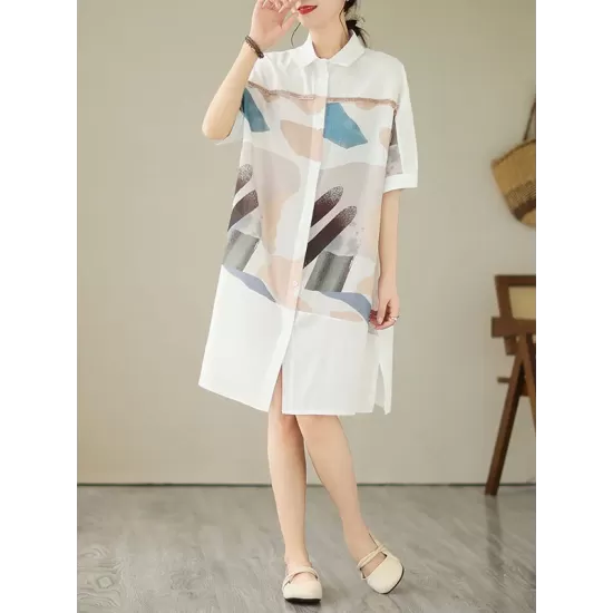 Printed Split-Joint Split-Side Loose Short Sleeves Lapel Midi Dresses Printed Split-Joint Split-Side Loose Short Sleeves Lapel Midi Dresses