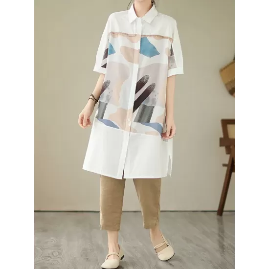 Printed Split-Joint Split-Side Loose Short Sleeves Lapel Midi Dresses Printed Split-Joint Split-Side Loose Short Sleeves Lapel Midi Dresses