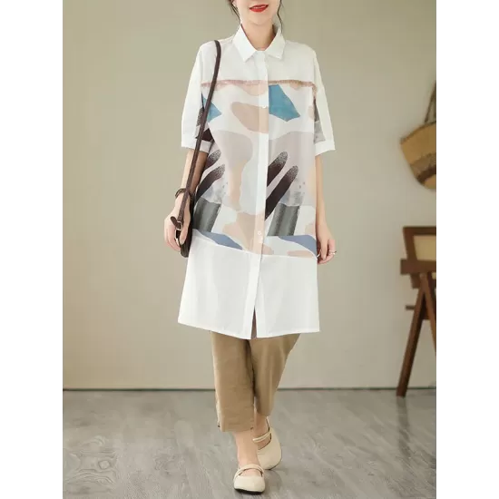 Printed Split-Joint Split-Side Loose Short Sleeves Lapel Midi Dresses Printed Split-Joint Split-Side Loose Short Sleeves Lapel Midi Dresses