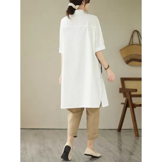 Printed Split-Joint Split-Side Loose Short Sleeves Lapel Midi Dresses Printed Split-Joint Split-Side Loose Short Sleeves Lapel Midi Dresses