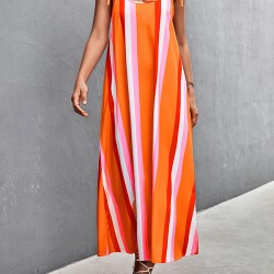 Contrast Color Striped Tied Loose Sleeveless U-Neck Slip Dress Midi Dresses