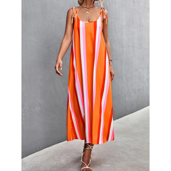 Contrast Color Striped Tied Loose Sleeveless U-Neck Slip Dress Midi Dresses Contrast Color Striped Tied Loose Sleeveless U-Neck Slip Dress Midi Dresses