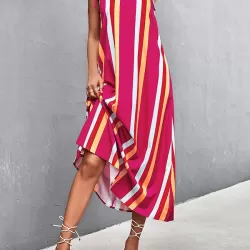 Contrast Color Striped Tied Loose Sleeveless U-Neck Slip Dress Midi Dresses