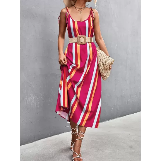 Contrast Color Striped Tied Loose Sleeveless U-Neck Slip Dress Midi Dresses Contrast Color Striped Tied Loose Sleeveless U-Neck Slip Dress Midi Dresses