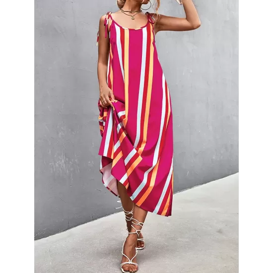 Contrast Color Striped Tied Loose Sleeveless U-Neck Slip Dress Midi Dresses Contrast Color Striped Tied Loose Sleeveless U-Neck Slip Dress Midi Dresses