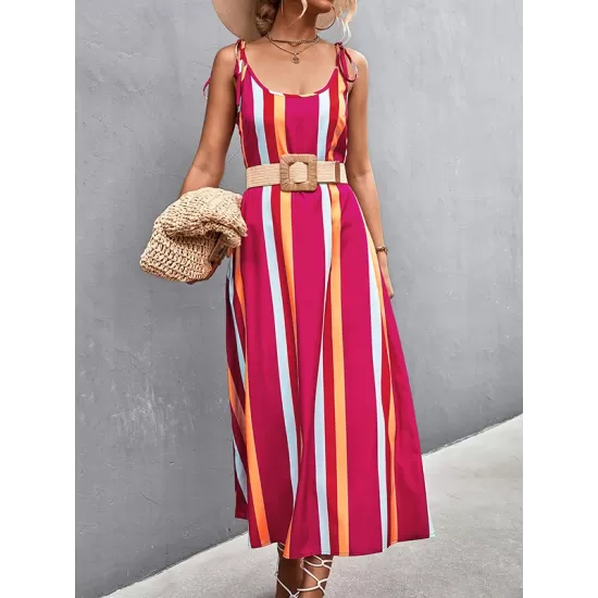 Contrast Color Striped Tied Loose Sleeveless U-Neck Slip Dress Midi Dresses Contrast Color Striped Tied Loose Sleeveless U-Neck Slip Dress Midi Dresses
