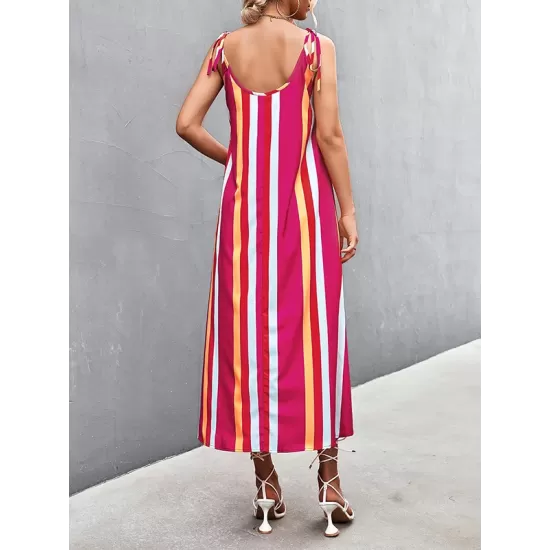 Contrast Color Striped Tied Loose Sleeveless U-Neck Slip Dress Midi Dresses Contrast Color Striped Tied Loose Sleeveless U-Neck Slip Dress Midi Dresses