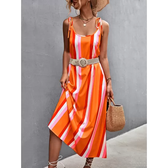 Contrast Color Striped Tied Loose Sleeveless U-Neck Slip Dress Midi Dresses Contrast Color Striped Tied Loose Sleeveless U-Neck Slip Dress Midi Dresses