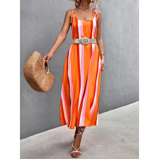 Contrast Color Striped Tied Loose Sleeveless U-Neck Slip Dress Midi Dresses Contrast Color Striped Tied Loose Sleeveless U-Neck Slip Dress Midi Dresses