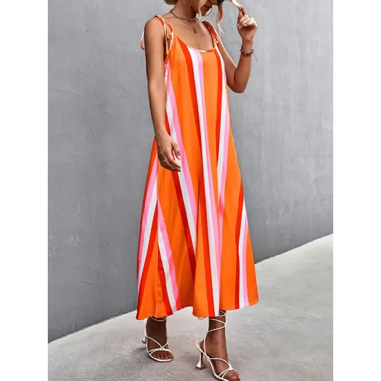 Contrast Color Striped Tied Loose Sleeveless U-Neck Slip Dress Midi Dresses Contrast Color Striped Tied Loose Sleeveless U-Neck Slip Dress Midi Dresses